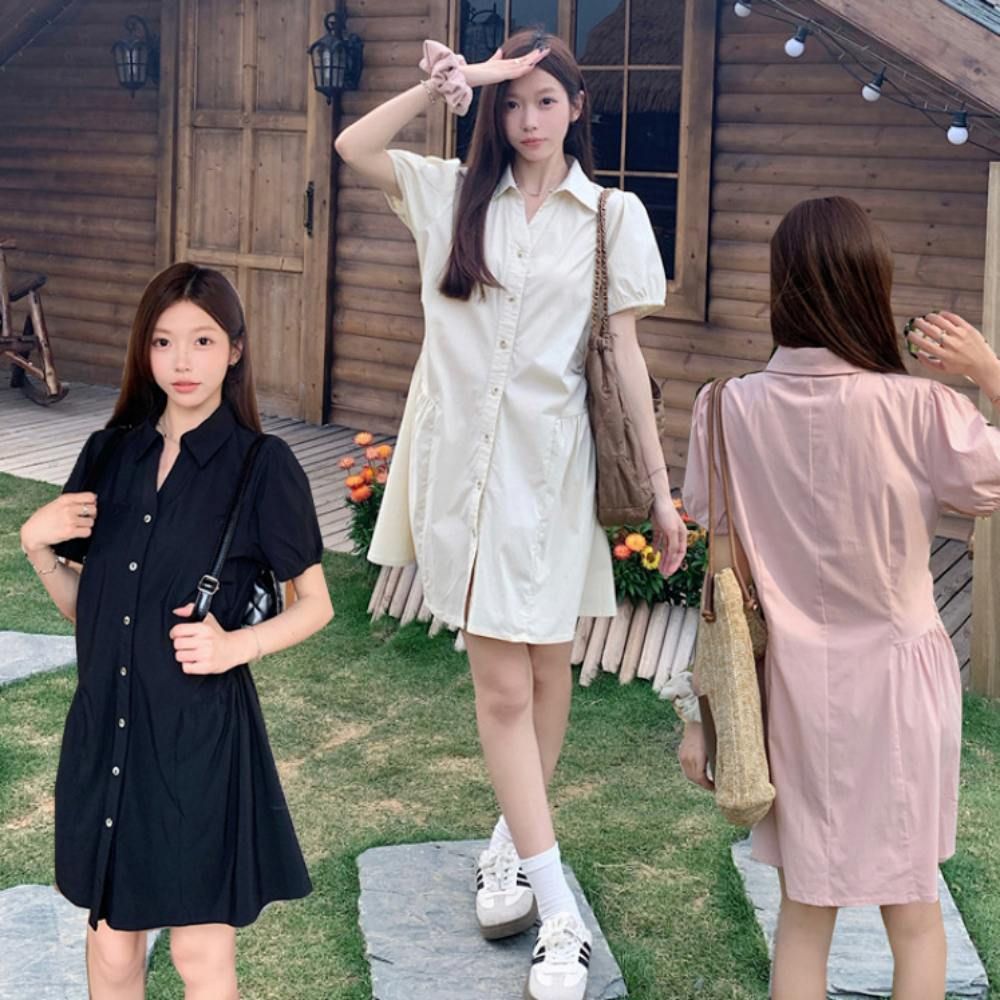여성 데이트룩 꾸안꾸 루즈핏 카라 셔츠 셔링 원피스