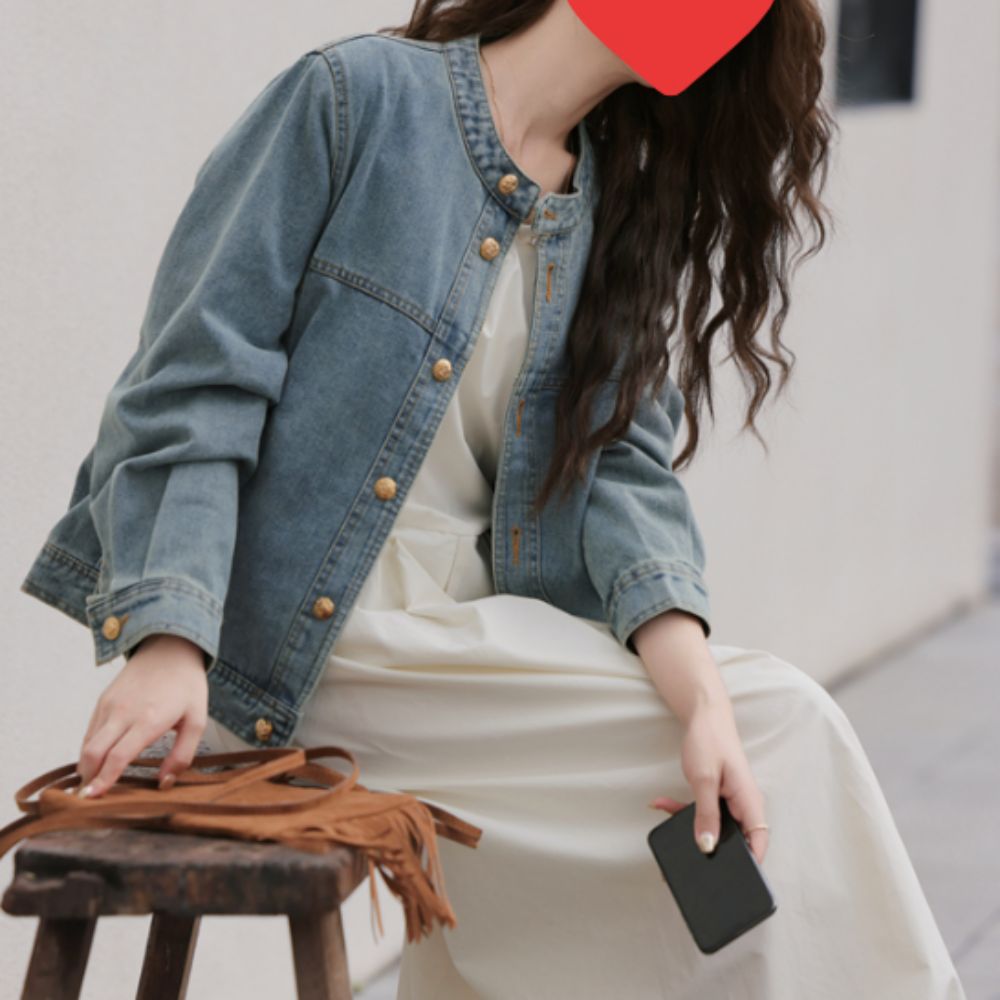여성 모던 라운드넥 노카라 미니멀 데일리 데님 자켓