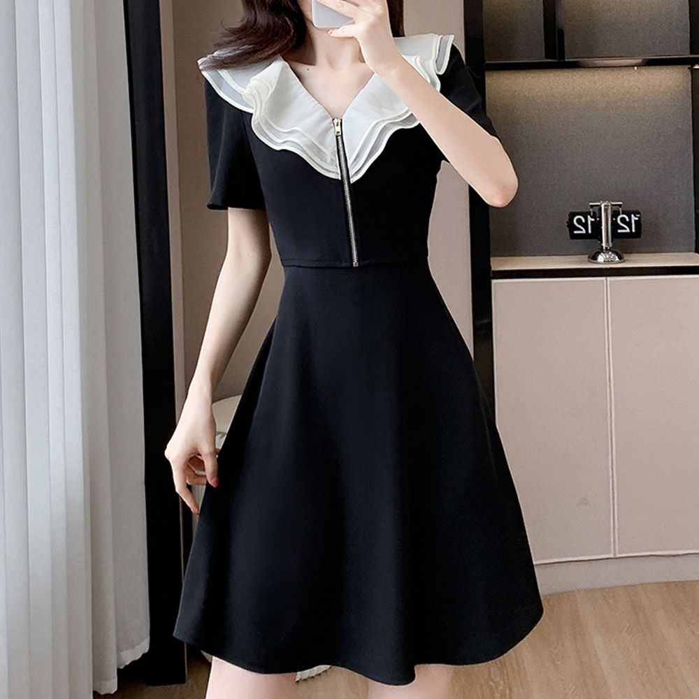 우아한 프릴 브이넥 블랙 미니 원피스 특별한날