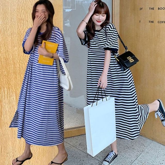 여자 롱 스트라이프 기본 원피스 데이 루즈핏 반팔 캐