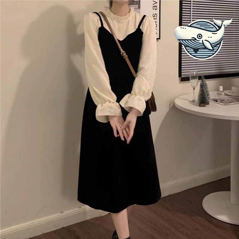벨벳 레이어드 A라인 원피스 허리셔링 프릴