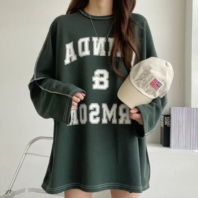 X 오버핏 롱 스티치 티셔츠 긴팔 스티치 그