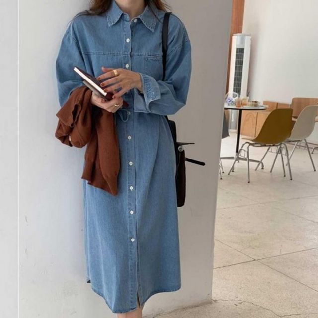 데님 원피스 셔츠 기본 허리스트링 데이 화이트 스티