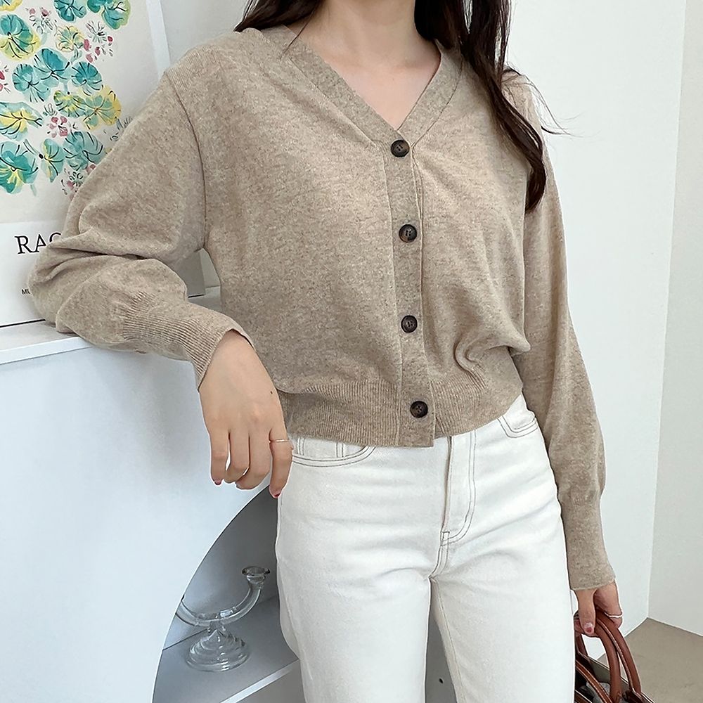 브이넥 루즈핏 무지 기본 미니 크롭 단추 긴팔 가디건