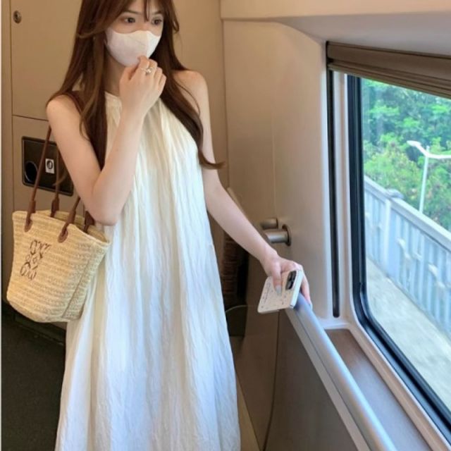 꼬임 가벼운 홀터넥 기본 민소매 데이 롱 원피스 여성
