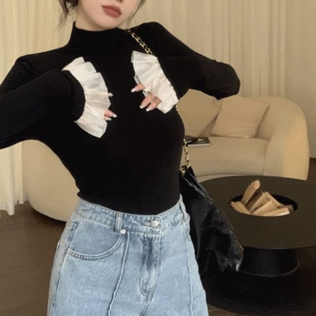 여성 패션의류 소매 레이스 반폴라 슬림핏 티셔츠