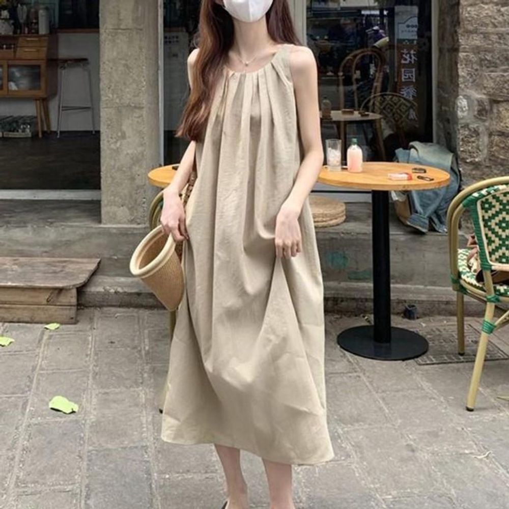 봄 가을 여자 A라인 스타일 셔링 나시 롱원피스 봄여