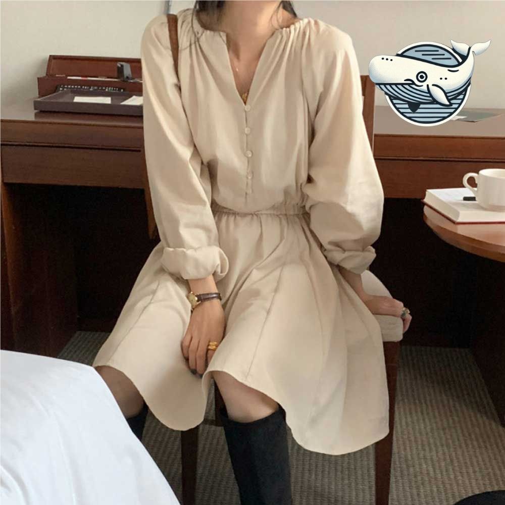 여성용 허리 밴딩 원피스 브이넥 플레어