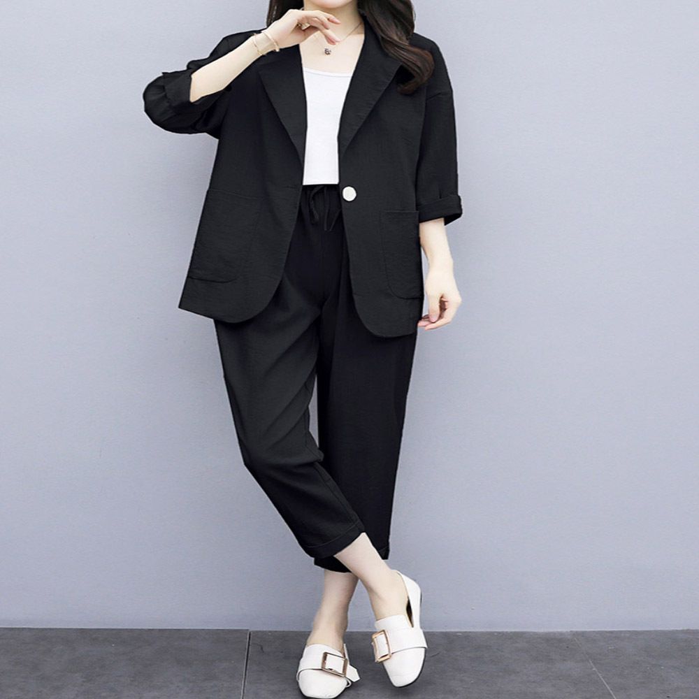 초여름 깔끔 카라넥 자켓 밴딩 편한 여성 긴바지 세트