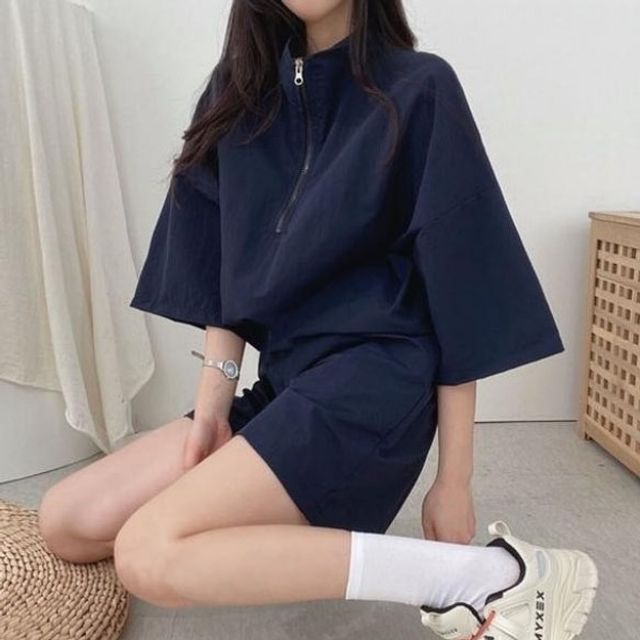 여성 반집업 여자 기본 반팔 데이 반바지 아노락 트레