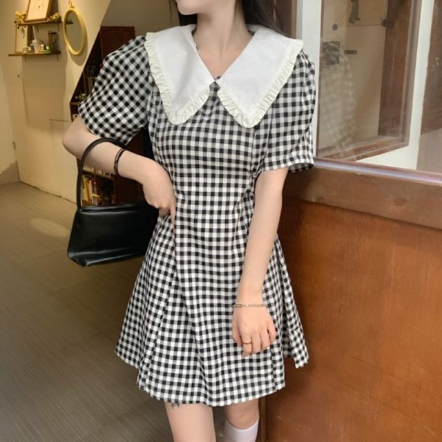 러블리 카라 하객룩 기본 체크 데이 미니 원피스 데이