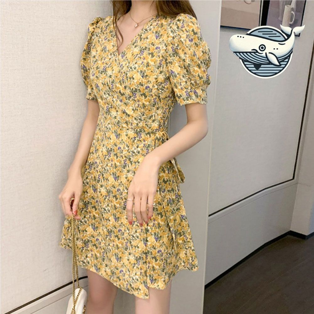 여성용 플라워 패턴 랩형 원피스 브이넥 프릴