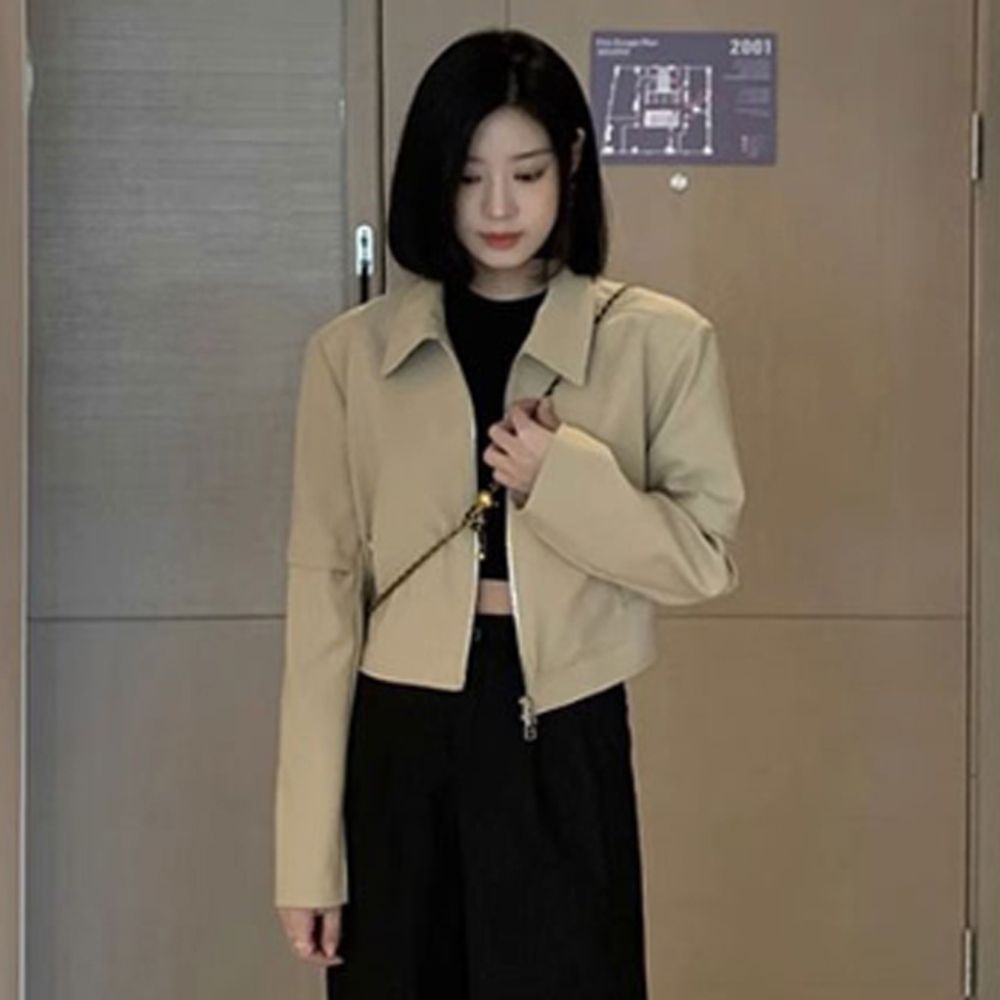 여성 카라 집업 블루종 점퍼 베이지 1P 크롭 자켓