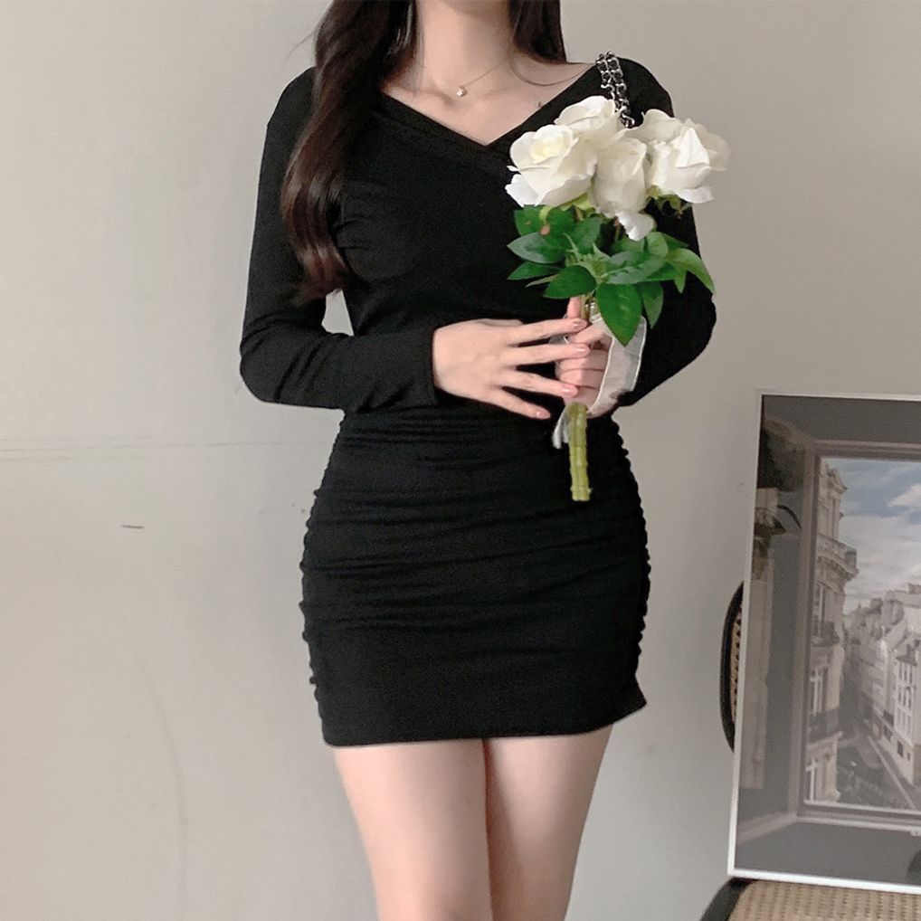 여성 셔링 원피스 브이넥 긴팔 스판 슬림 미니