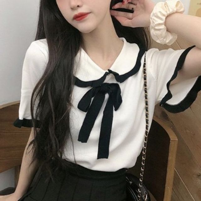 반팔티 리본 무지 카라 라운드티셔츠 면티 여성
