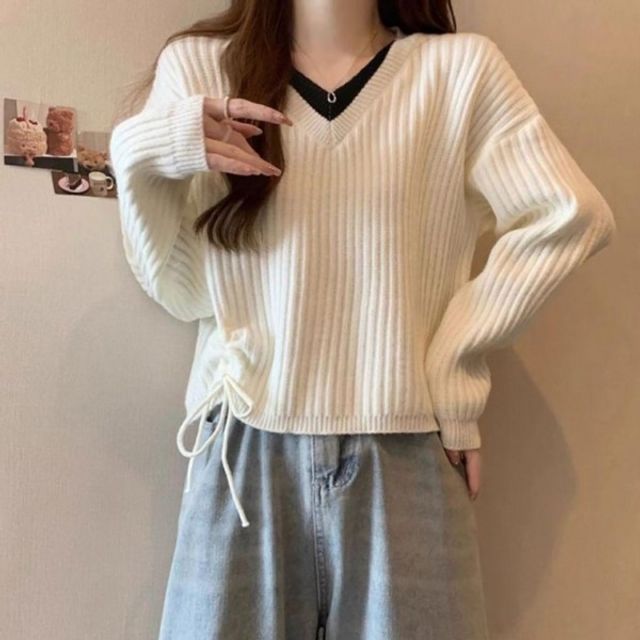 여자 스타일 브이넥 기본 레이스업 데이 골지 긴팔 니