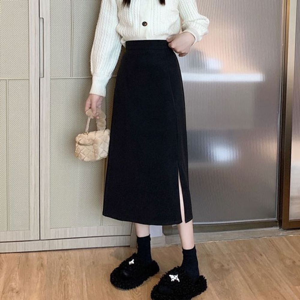 A 얇은 데님스커트 플리츠스커트 H 슬릿 블랙