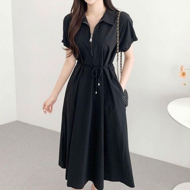 집업 원피스 퍼프소매 기본 뒷 데이 셔링 허리 스트링