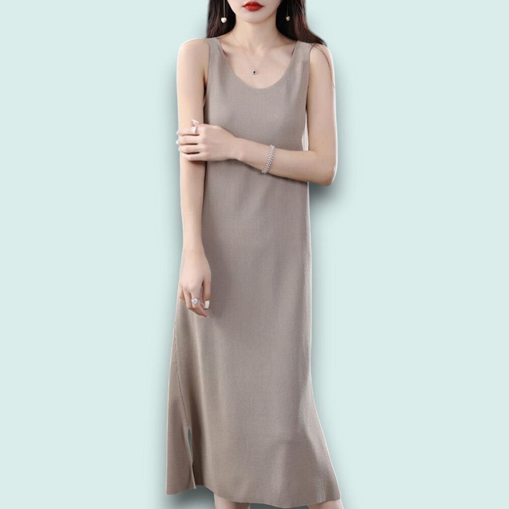 게더릭 민소매 골지 롱 원피스 (M) (카멜)