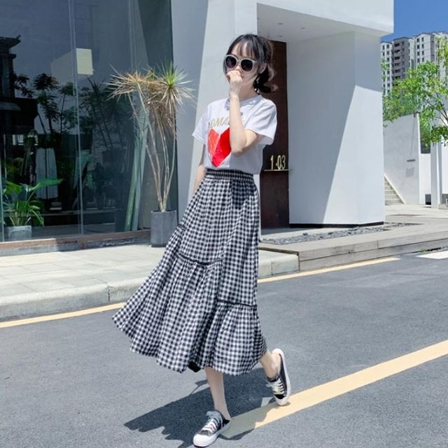 데이트룩 찰랑찰랑 허리밴딩 체크 A라인 롱 원피스
