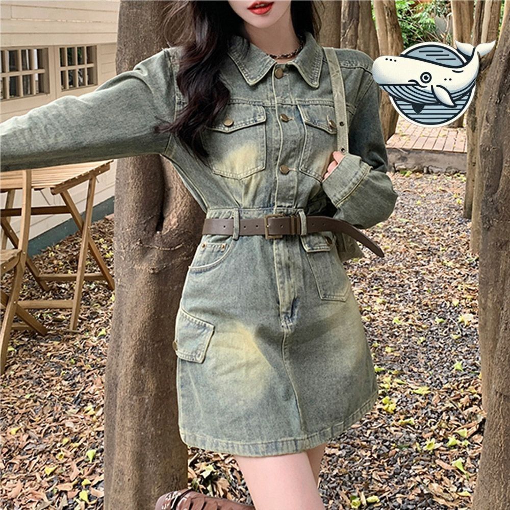 캐주얼 스타일 데님 미니 원피스 유니크 핏