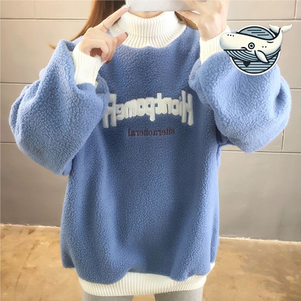 부드러운 블루 포근한 터틀넥 여성 맨투맨