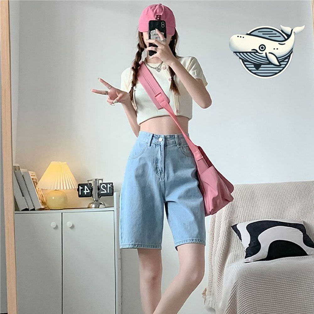 여성 여름 편안한 연청 데님 5부 팬츠 캐주얼