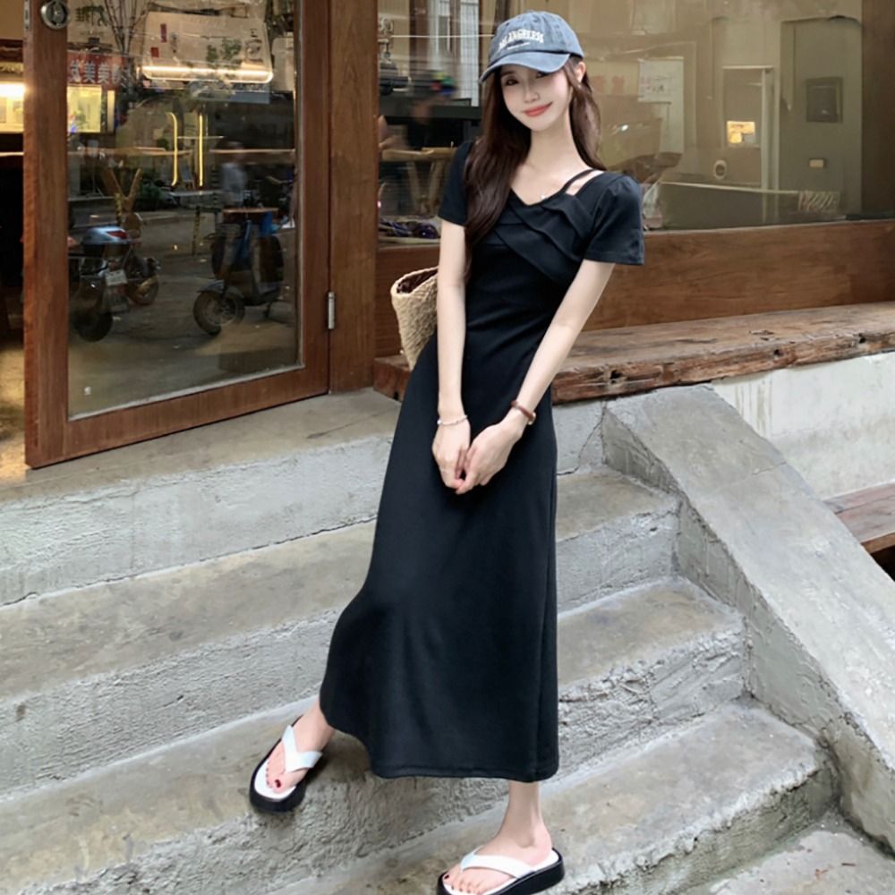 카페룩 데이트룩 슬림핏 트임 셔링 슬림 원피스