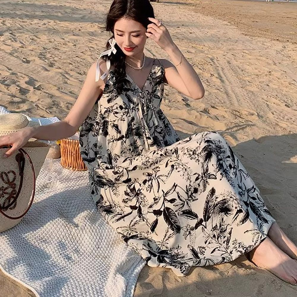 여자 바닷가 휴양지 바캉스 플라워 패턴 리본 원피스