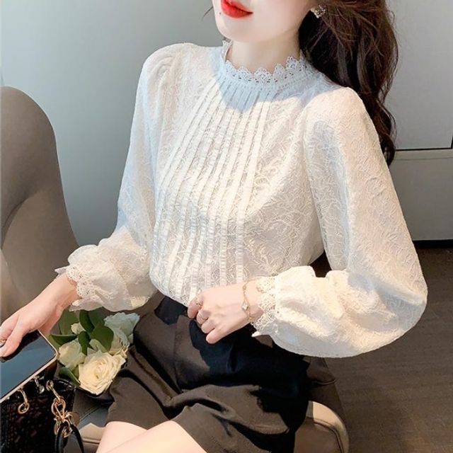 오피스룩 데일리 레이스 셔링 긴팔 블라우스