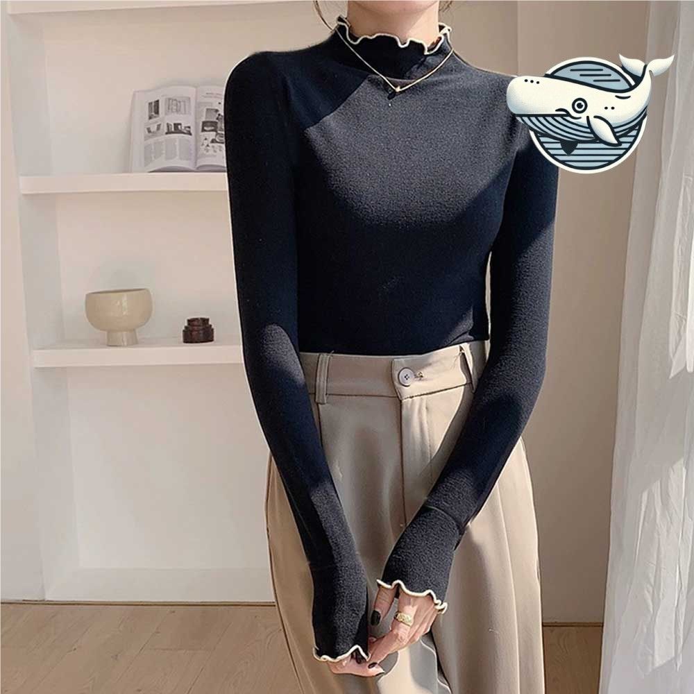 여성 물결 넥 긴팔 티셔츠 데일리 기본 블랙