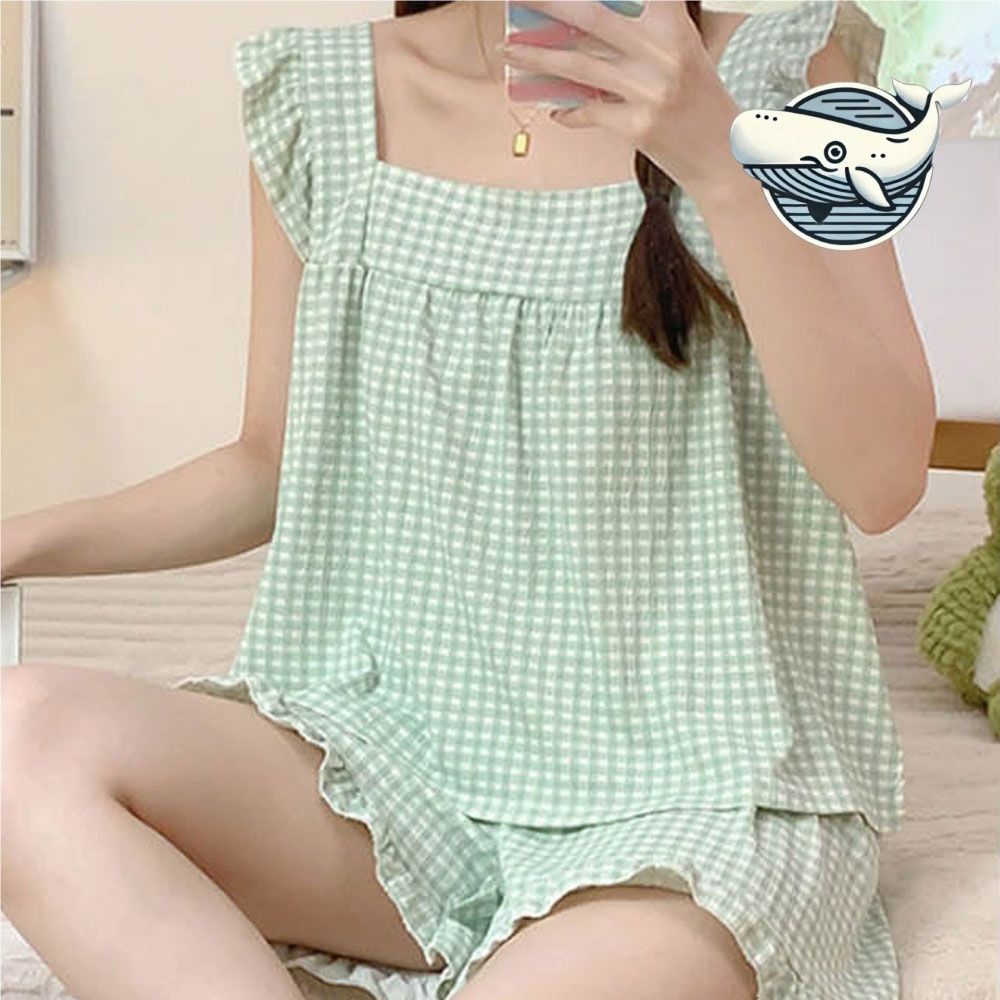 프릴 디자인 체크 패턴 잠옷 여름용 스퀘어넥