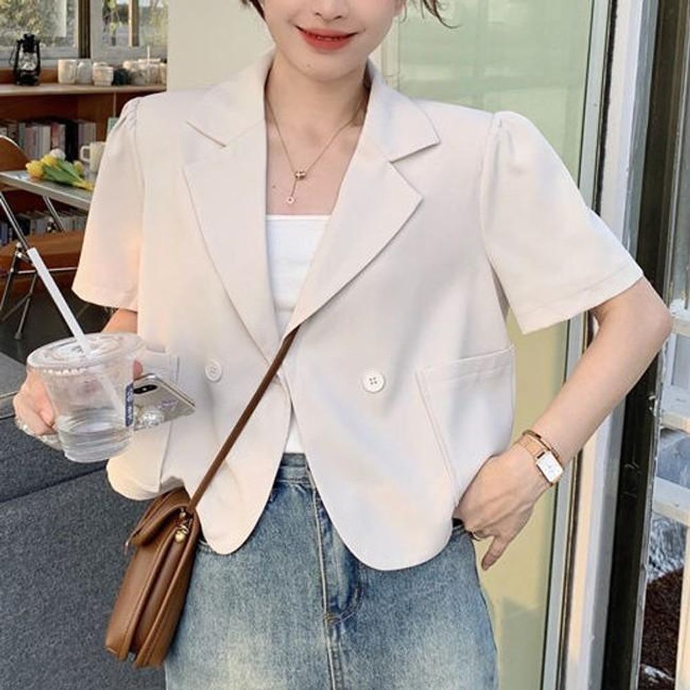 패션 퍼프 여름 반팔 데일리 크롭 원버튼 자켓