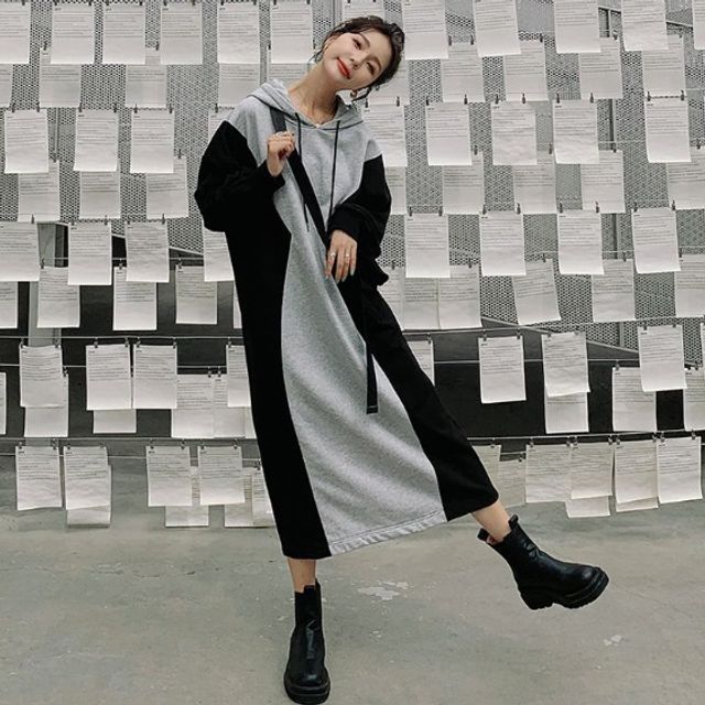 외출 산책 홈웨어 캐주얼 데일리룩 후드 롱 원피스