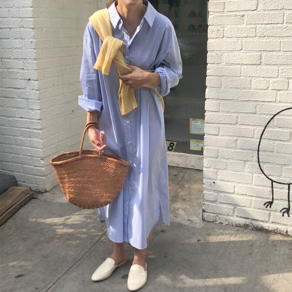 바스락원단 스트라이프 오버핏 롱원피스