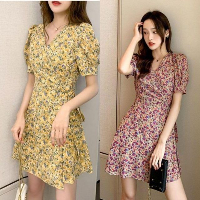 플라워 가운 랩스타일원피스 기본 반팔 데이 비치 로