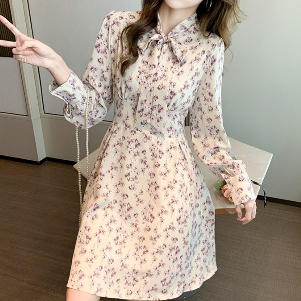 예쁜 실루엣 브이넥 플라워 패턴 옆지퍼 리본원피스