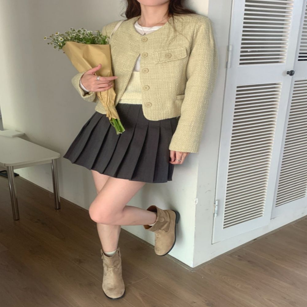 여성 3컬러 데일리 데이트룩 노카라 크롭 트위드자켓