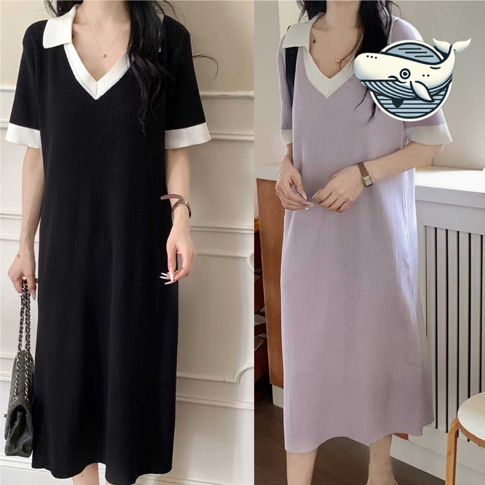 여름 배색 카라 브이넥 롱원피스 세련된 A라인