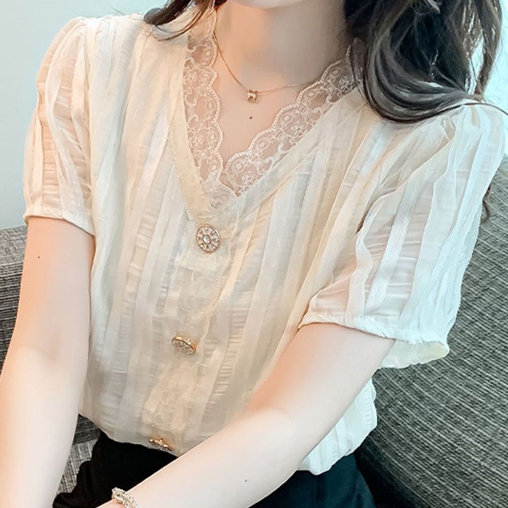 노카라블라우스 베이지블라우스 레이스넥 브이넥블