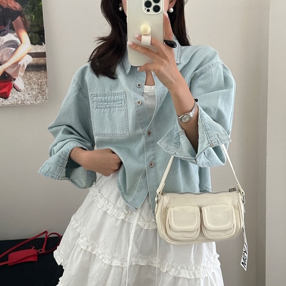 데일리룩 캐주얼룩 데이트룩 카라넥 연청 크롭 남방
