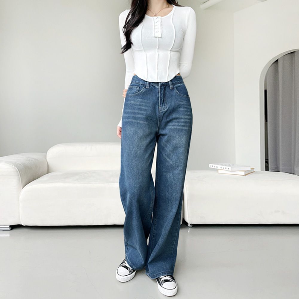 캣워싱 세미 와이드 여성 데님 팬츠