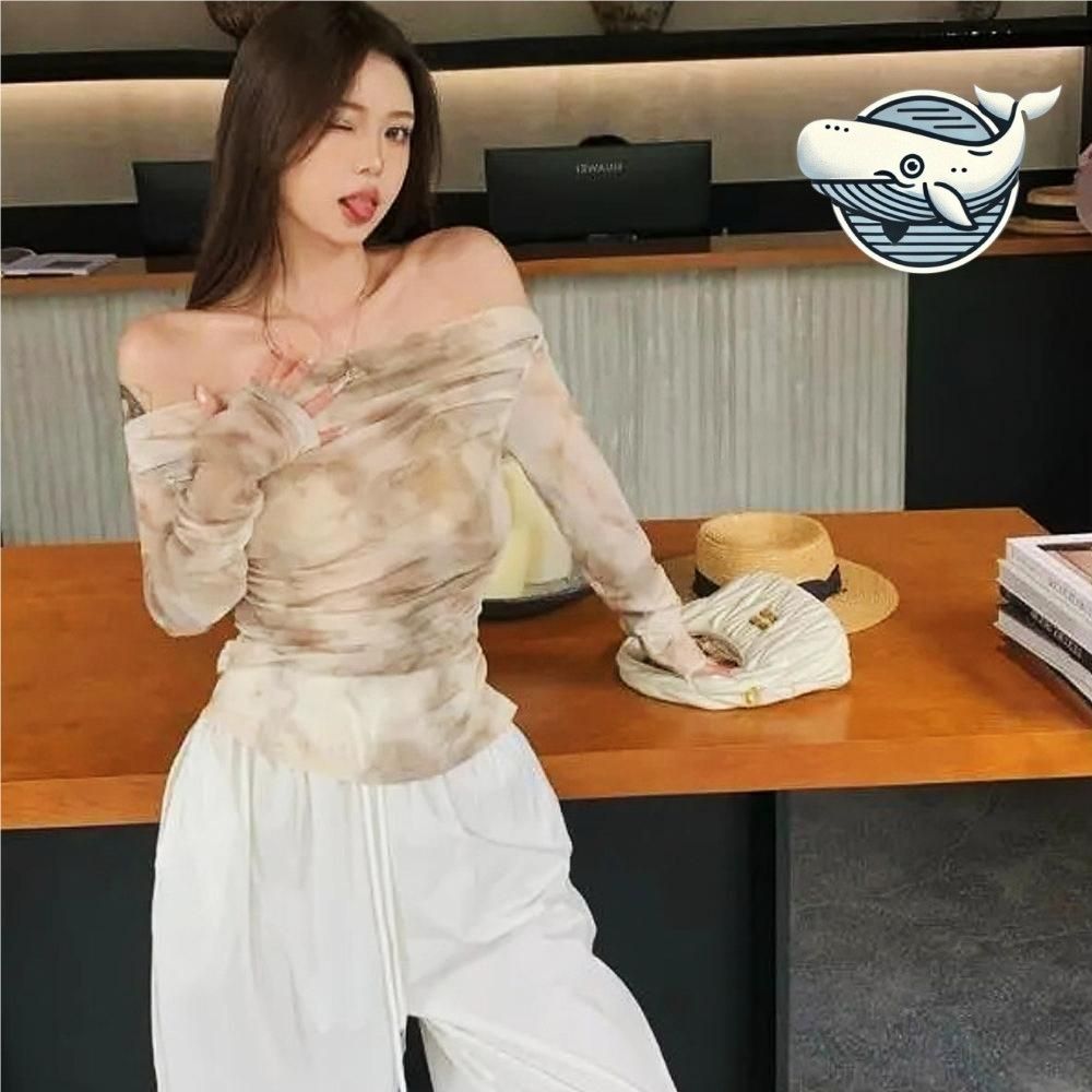 여유로운 망사 오프숄더 티셔츠 소프트 물감