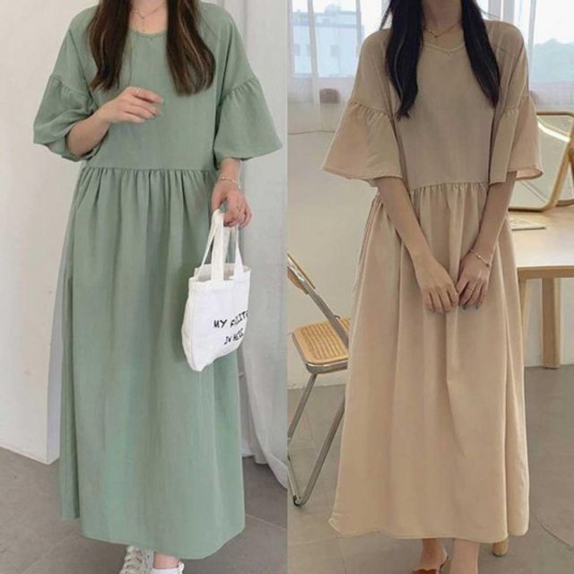 원피스 프릴 라운드넥 기본 와이드소매 데이 플레어