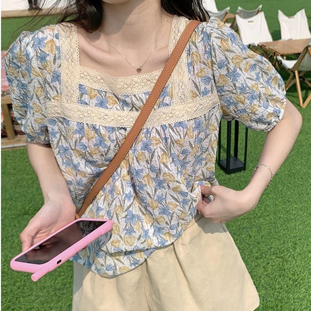 반팔 여성 티셔츠 캐주얼룩 여름 플라워 스퀘어넥