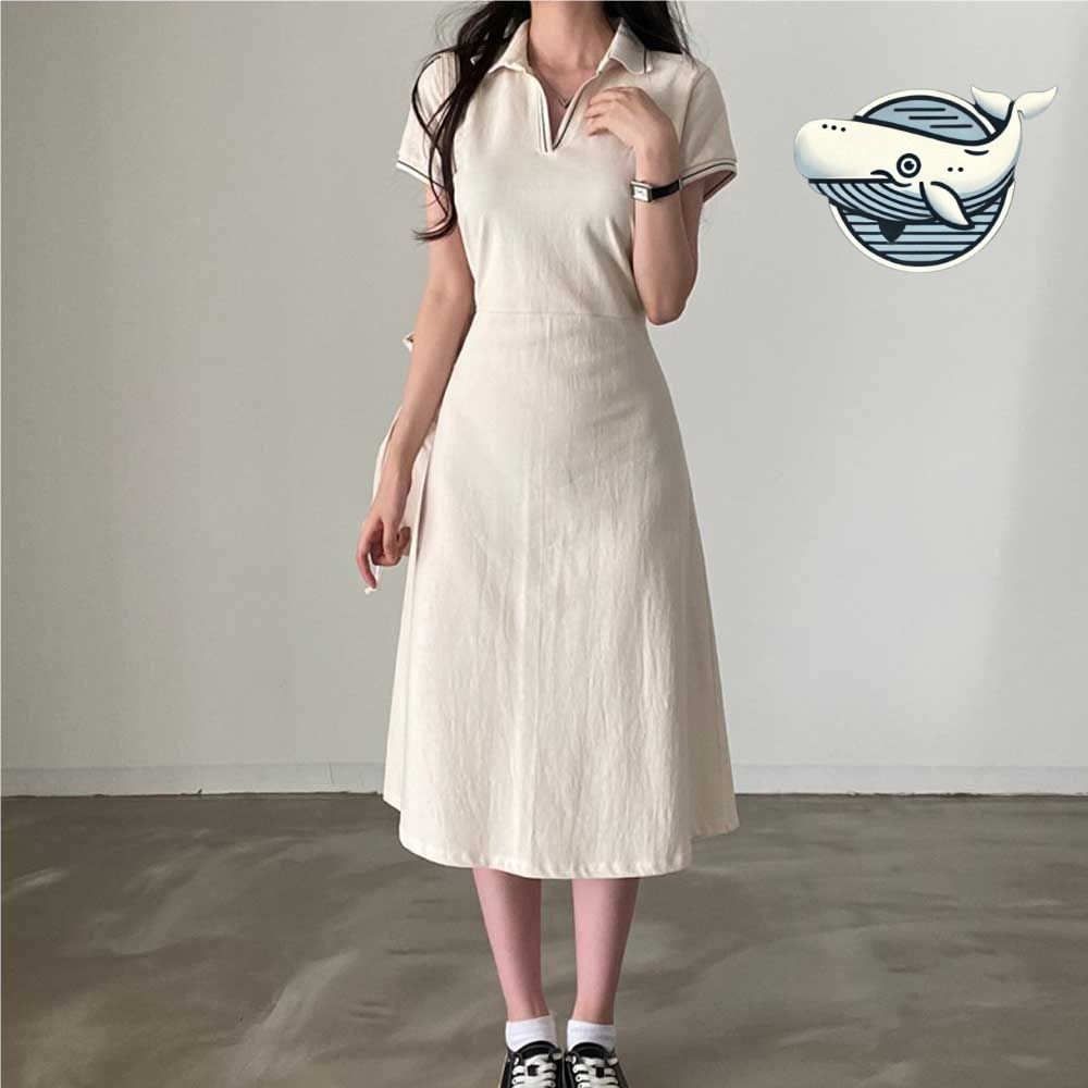 여성 브이넥 배색 A라인 원피스 캐주얼 여름