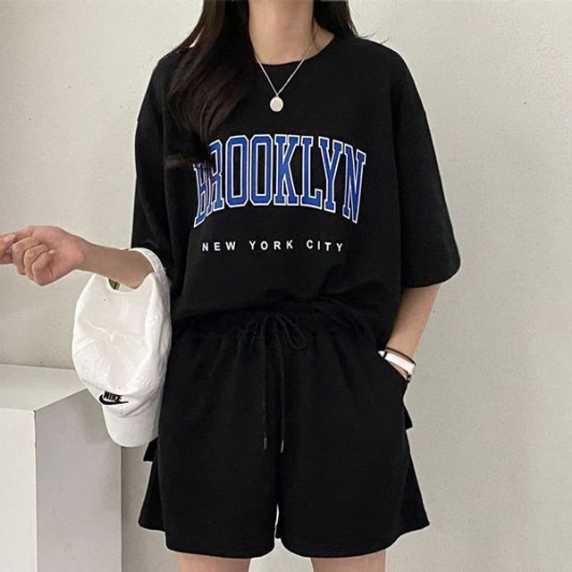 여성 프린팅 레터링 기본 라운드넥 데이 상하의 반팔