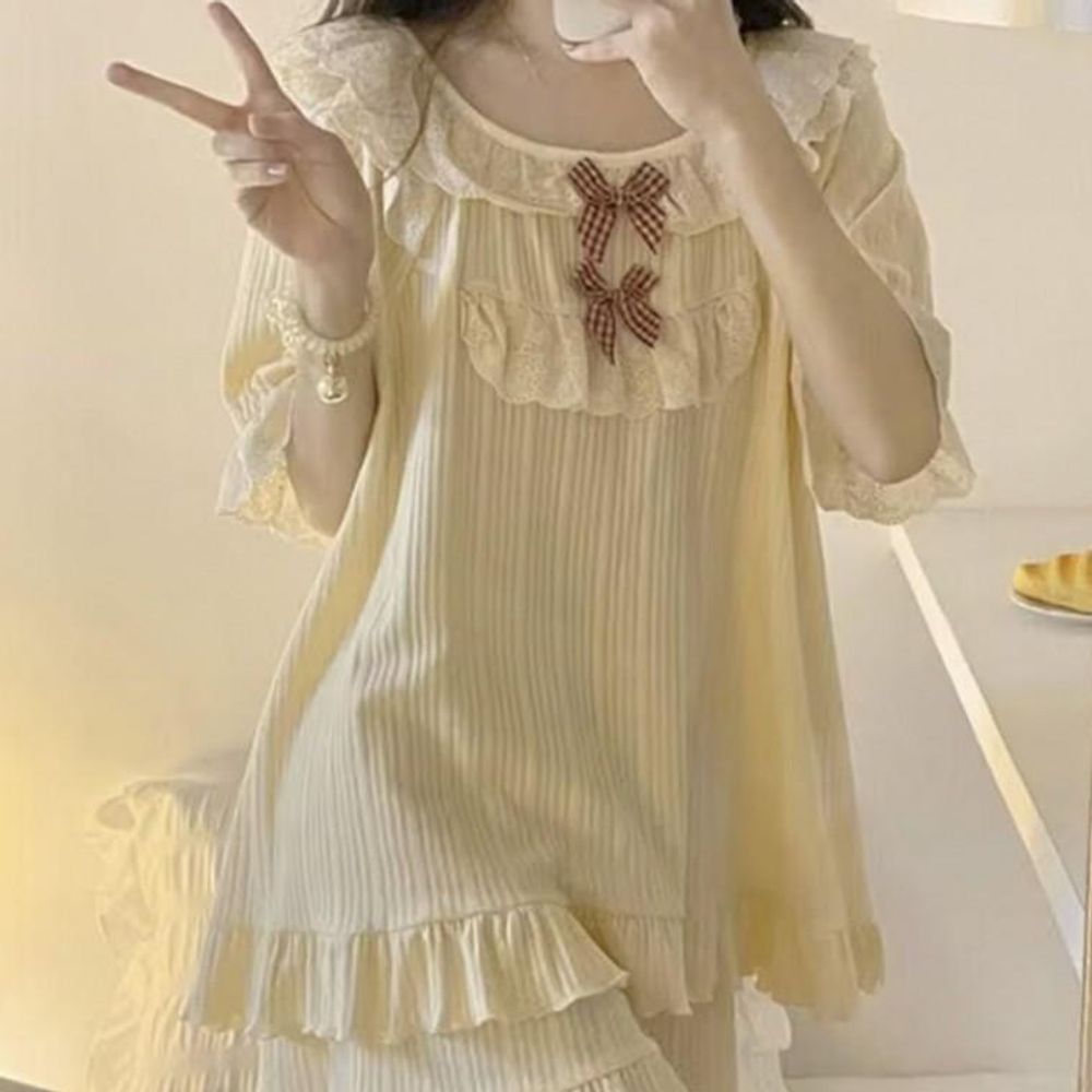 잠옷 여자 레이스 여름 파자마 수면 예쁜 리본 반팔잠