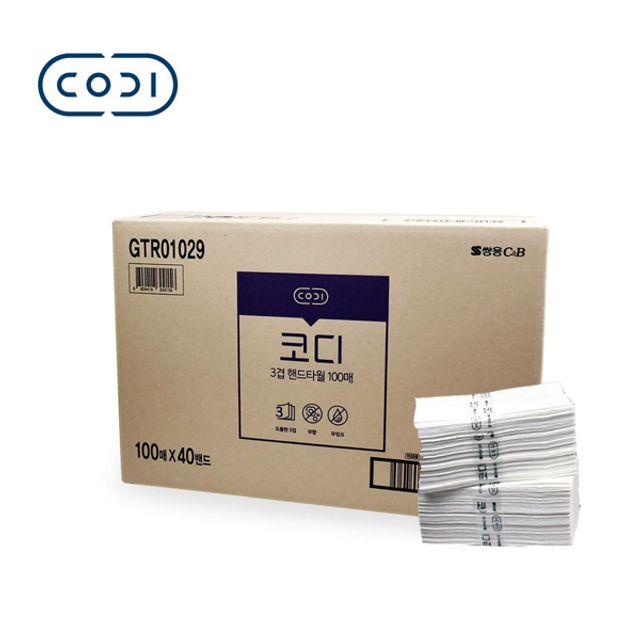 코디 3겹 핸드타월 100매 40밴드 215x215mm