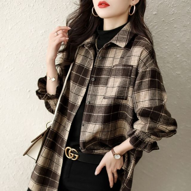 루즈핏 숄더핏 소매 밴딩 캐쥬얼 체크모직 셔츠